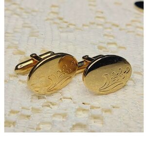 Swank Gold Plated Oval Engraved Bullet Back Men's Cufflinks Metal No Stone